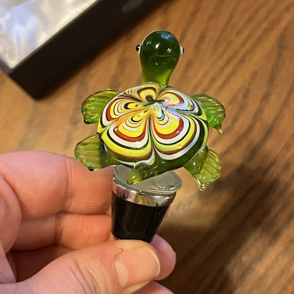 Art Glass Turtle Wine Bottle Stopper Colorful Murano Style Barware Decor Coastal